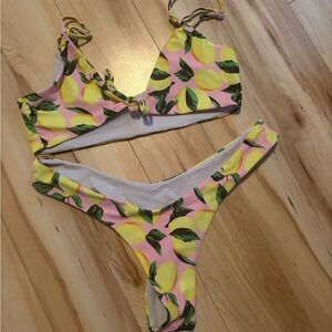 Source Unknown Pink and Yellow Lemon Print Bikini